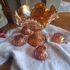Iridescent Amber Carnival Glass Compote and Cups Set